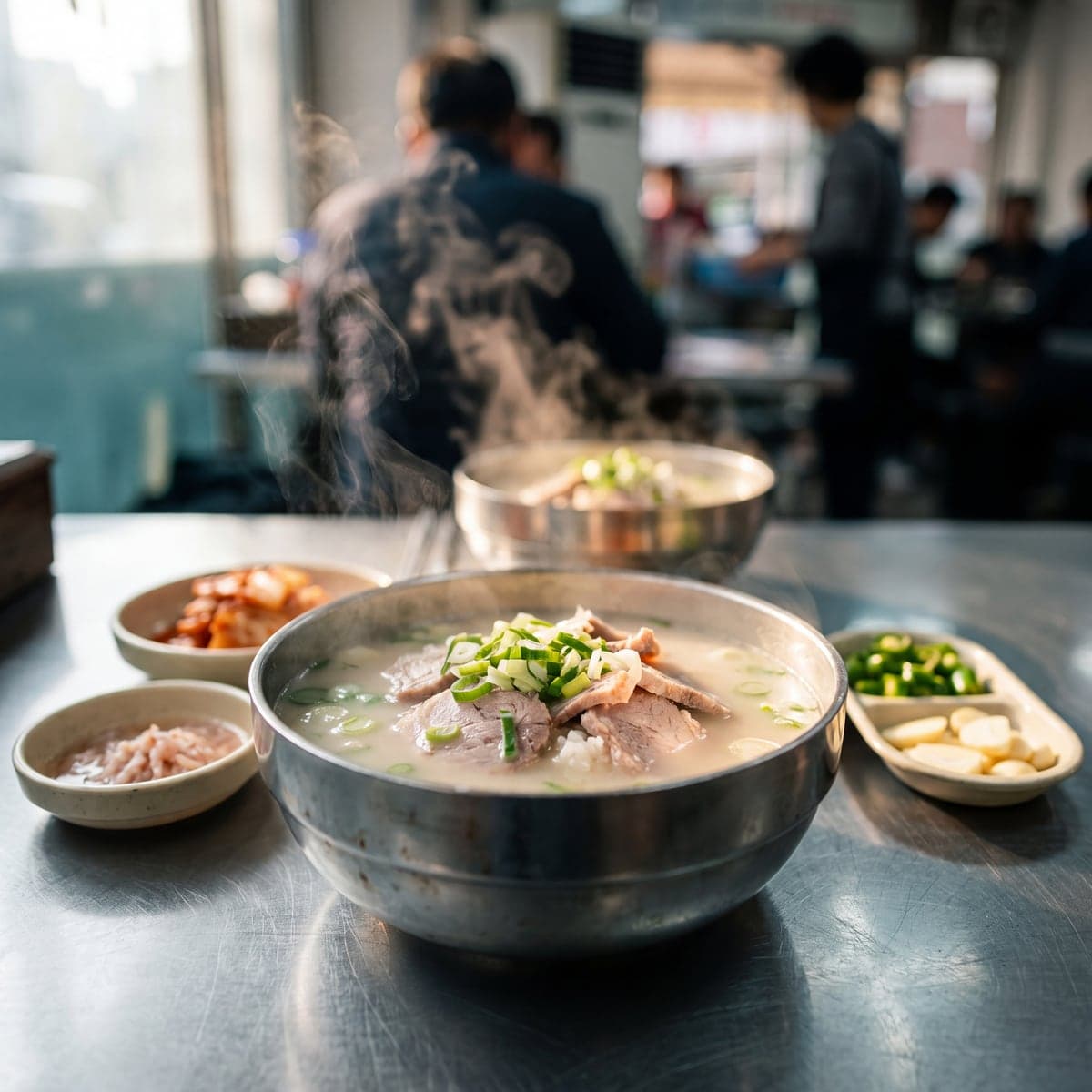 돼지국밥 한 그릇과 반찬, 김이 오르는 모습